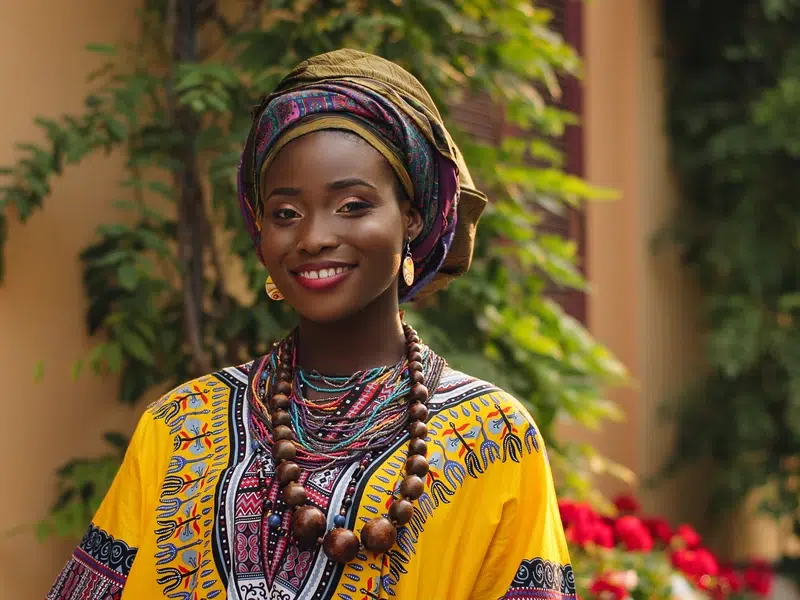 Femme en tenue traditionnelle avec un grand sourire